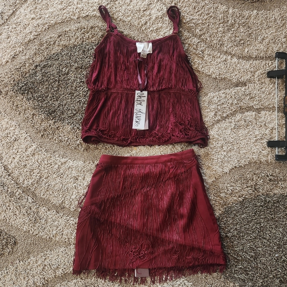 Chloe Oliver/ Anthropologie 2 Piece Burgundy Skirt And Top Small NEW Fringe